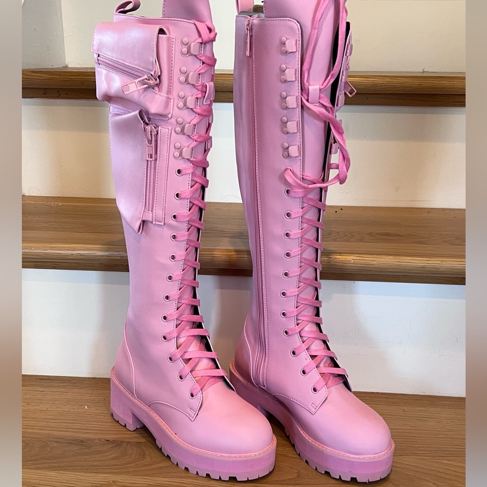 Dolls Kill Nwot Sugar Thrills Pink Obsidian Boots Siz… Gem